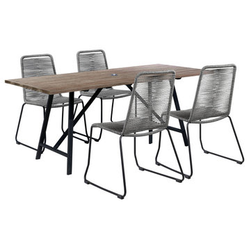 Koala and Shasta 5 Piece Outdoor Patio Dining Set, Light Wood and Grey Rope
