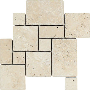 Ivory Tumbled Travertine Opus Mini Pattern Mosaic (Interlocking)