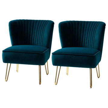 Upholstered Accent Side Chair With Tufted Back Set of 2, Teal