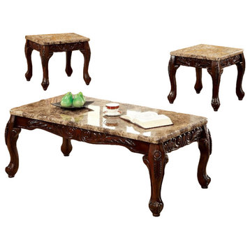 3 Piece Table Set With Faux Marble Table Top, Dark Oak and Ivory