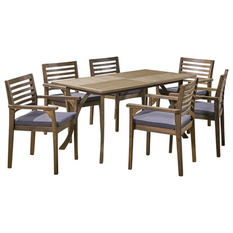 GDF Studio Alma Outdoor 6-Seater 59" Acacia Dining Set With Carved Legs, Gray Finish/Dark Gray