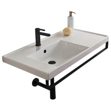 Rectangular Wall Mounted Ceramic Sink With Matte Black Towel Bar, One Hole