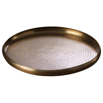 Luxe Round Embossed Metal Decorative Tray  Antiqued Brass Etched 16" Classic