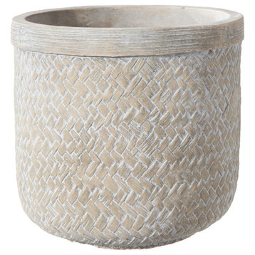 Round Cement Pot with Basket Weave Design Washed Tan Finish, Medium