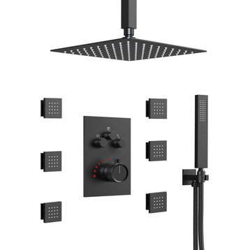 Thermostatic Shower System 12" Rain Shower Head 3 Way Faucet with 6 Body Jets, Matte Black