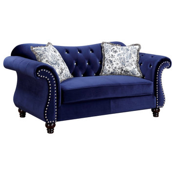 Flannelette Loveseat With Flared Arms, Blue Finish