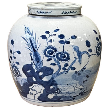Chinese Blue and White Flower Bird Graphic Porcelain Ginger Jar Hws2990