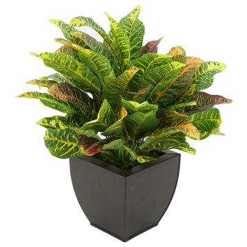 Faux Croton Houseplant in Tapered Zinc Pot, Matte Brown