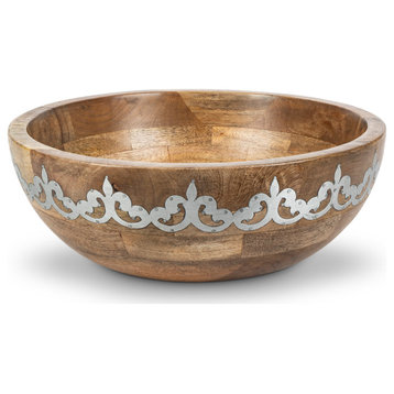 Mango Wood with Metal Inlay Heritage Wide Serving Bowl.