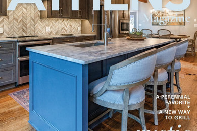 Inspiration for a rustic medium tone wood floor and exposed beam kitchen remodel in Atlanta with an undermount sink, shaker cabinets, quartzite countertops, marble backsplash and an island