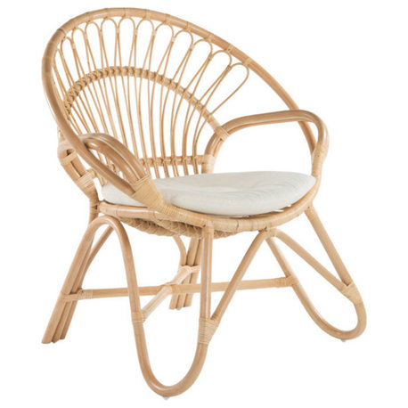 Round Rattan Loop Armchair With Seat Cushion, Natural Color, Natural-Brown