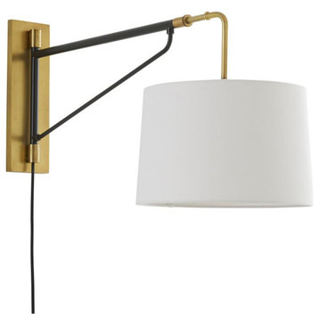 Anthony Wall Sconce, Plug, 1-Light Bronze,  Brass, White Linen Shade, 18"H