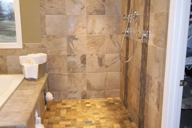 Bathroom - large contemporary master beige tile and porcelain tile porcelain tile and beige floor bathroom idea in Jackson with beige walls
