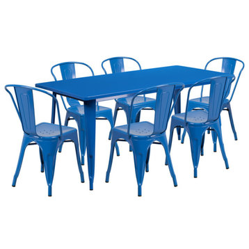 31.5''x63'' Rectangular Metal Indoor Table Set with 6 Stack Chairs, Blue