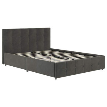 Contemporary Queen Platform Bed, Tufted Headboard & Storage Drawers, Grey Velvet