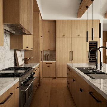 Organic Contemporary Kitchen with Galley Workstation and Integrated Appliances