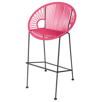 Puerto 26" Handmade Indoor/Outdoor Counter Height Stool With Black Frame, Pink Weave, Black Frame