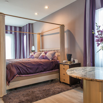 The large 4-poster bed was repositioned in the space to accentuate it's shape