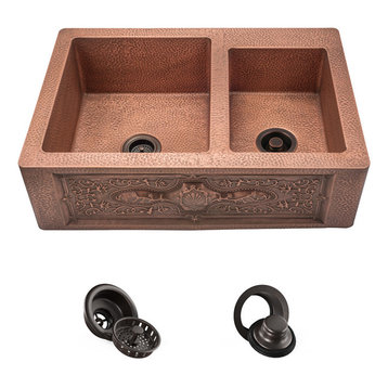 Offset Double Bowl Copper Apron Sink, Strainer and Flange