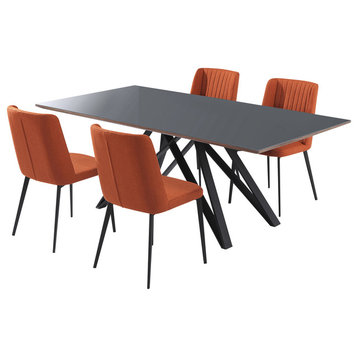 Arles Gray Glass 5-Piece Metal Dining Set, Orange Chairs
