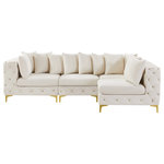Meridian Furniture - Tremblay Modular Sectional, Cream, L-Shaped, 4-Piece: Armless (2), Corner (2) - Lean back and relax on this Tremblay sectional. Featuring soft cream velvet upholstery with deep button tufting, this sectional adds a bold touch to any living space. A complete set of gold and chrome legs are included, so you can change it up to suit your home decor. This sectional is modular, so you can create infinite configurations with it, which are easily attached using the latch underneath the frame. Its contemporary design is perfect for the modern home.