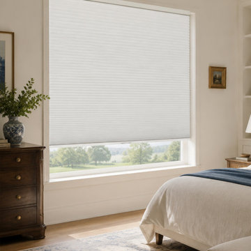 Cellular Blinds on Large Picture Windows in Mid-Century Modern Bedroom