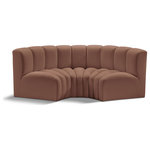 Meridian Furniture - Arc Vegan Leather Upholstered 3-Pc. Inward Curved Modular Sectional, Cognac - Unleash modern opulence with the Arc Vegan Leather 3pc. Sectional. Crafted for the modern connoisseur, this Sectional injects an air of refined luxury into any space. Its sleek silhouette, upholstered in supple cognac vegan leather, exudes timeless sophistication while the deep channel tufting adds textural intrigue, further elevating the chair's visual appeal. The modular design makes it a versatile chameleon, effortlessly adapting to your evolving needs and preferences. Whether you envision it gracing a chic living room corner, basking in the glow of a bedroom window, or adding a touch of drama to a home office, the Arc seamlessly complements your unique interior aesthetic.