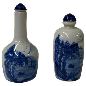 2 Piece Chinese Porcelain Snuff Bottle Blue White Scenery Graphic Hws2467