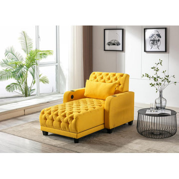 Convertible Sleeper Chair, Deep Button Tufted Seat & Cupholder, Yellow Fabric