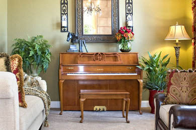 Example of a large tuscan formal and open concept carpeted living room design in Dallas with beige walls, no fireplace and no tv