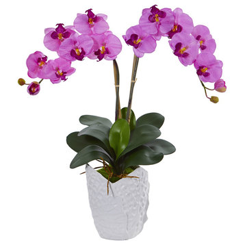 Double Phalaenopsis Orchid Artificial Arrangement, White Ceramic Vase