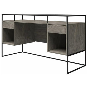 Modern Desk, Metal Frame With Glass Table Top & Open Comparments, Gray Oak