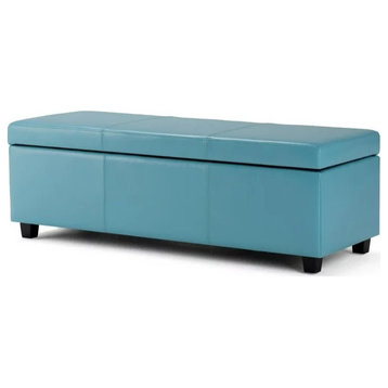 Contemporary Storage Ottoman, Large Design With Hinged Lid, Blue Faux Leather