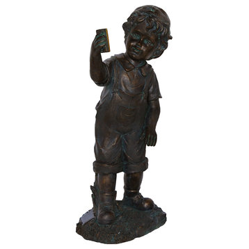 18" Boy With Cell Phone Solar Power LED Outdoor Garden Statue