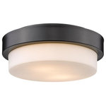 Golden Lighting - Golden Versa Flush 2-LT Flush Mount 1270-11 BLK - Matte Black - This flush mount brightens any room with its polished Matte Black finish and Opal Glass. The versatile, transitional style of the white glass and Matte Black finish lends itself to various styles without being obtrusive. This flush mount provides widespread ambient lighting and is a perfect fit for your home.