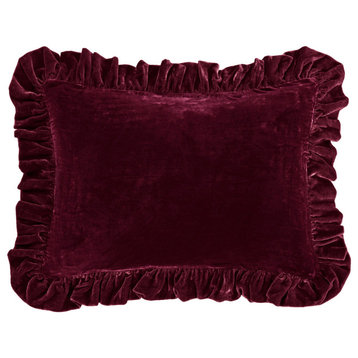 Stella Faux Silk Velvet Ruffled Oblong Pillow, 16"x21", Garnet Red, 1 Piece