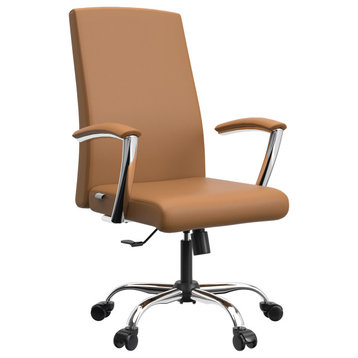 LeisureMod Evander Swivel Office Chair in Leather With Silver Frame, Acorn Brown