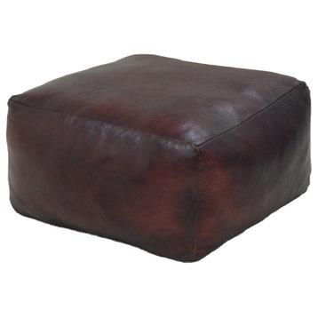 Solid Handmade Leather Pouf (Recycled Foam with Fibre Fill), Cherry, 21x21x12