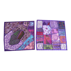 Mogulinterior - 2 Ethnic Purple Cushion Cover Patchwork Embroidered Cotton Square Pillow Cases - Pillowcases And Shams