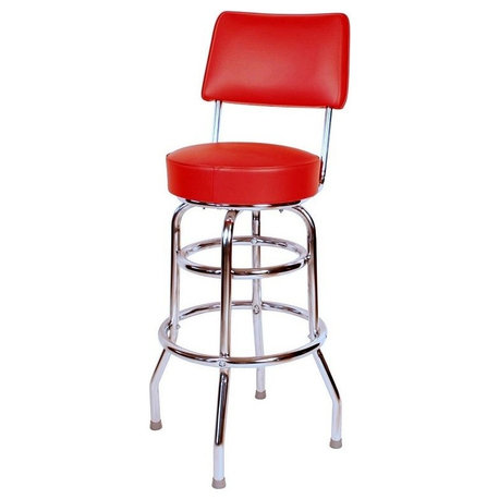 Retro Home Double Ring Upholstered 30" Swivel Bar Stool with Back, Red