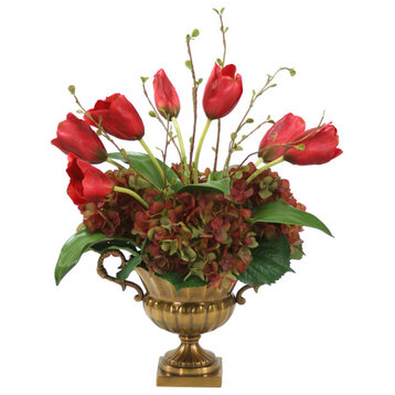 Burgundy Tulips and Rose Green Hydrangeas in Antique Brass Fluted Compote
