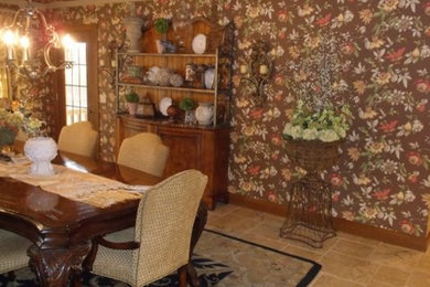 Inspiration for a large timeless ceramic tile enclosed dining room remodel in Other with multicolored walls, a standard fireplace and a tile fireplace