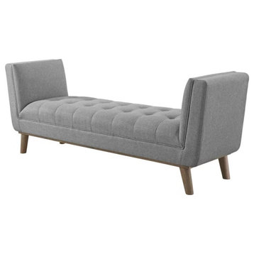 Mid Century Modern Accent Bench, Deep Tufted Seat With Flared Arms, Light Gray