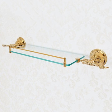 Atre Luxury Carved Single Glass Shelf Wall Mounted Bathroom Accessory in Gold So