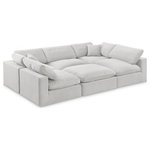 Meridian Furniture - Comfy Upholstered U-Shaped Modular Sectional, Cream, 6-Piece: 3 Armless Chair, 2 Corner Chair, 1 Ottoman, Velvet - Give your space a whole new look with this cream Comfy velvet sectional. This handsome sectional fits nicely with other items in the Comfy collection and is a versatile seating option designed for adaptability, comfort and style. Wrapped in rich cream durable velvet upholstery, this sectional offers a plush embrace of overstuffed down feather cushions, carefully crafted to deliver the highest level of comfort. The perfect seat for creating an oasis for relaxation, this sectional has thick foam surrounding its frame for added support and coziness.