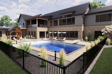 Imagen de piscina con fuente rústica de tamaño medio rectangular en patio trasero con suelo de hormigón estampado