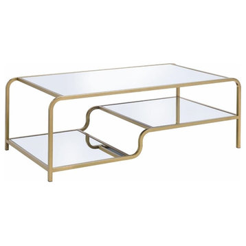 Modern Coffee Table, Geometric Metal Frame With Mirrored Top & Shelves, Gold