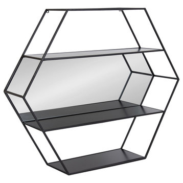 Lintz Hexagon Wall Mirror Shelves, Black 24x28