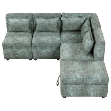 Modular L-Shaped Sectional Sofa, Blue Green Fabric Upholstery & 5 Lumbar Pillows