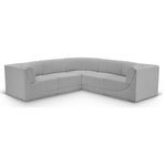 Meridian Furniture - Ollie Black Boucle Fabric L-Shaped Modular Sectional, Grey, 5-Piece: 2 Armless Chair, 3 Corner Chair - Meet the epitome of style and functionality with this Ollie boucle fabric living room sectional, part of the Ollie modular collection. A contemporary marvel, this sectional features chic and inviting rich grey boucle fabric upholstery, giving it a sumptuous texture that oozes elegance and luxury. Curved corners add to the visual look of the sectional while maximizing seating comfort while lounging, reading, or entertaining. Pair it with other items in the Ollie collection easily, thanks to an attachment latch underneath.